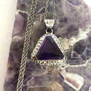 Sterling Silver 925 Modernist Style Bezel Set Amethyst Pendant Necklace 20"